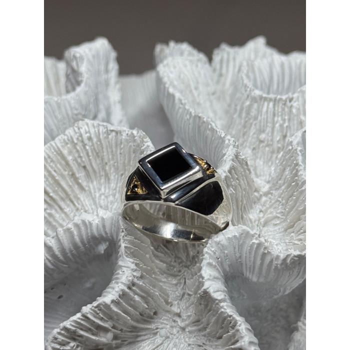 925 Sterling Silver Black Enamel & Black Diamonds Men's Ring Size 8.3