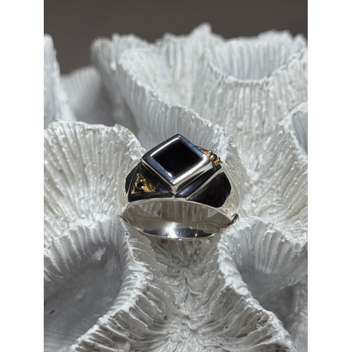 925 Sterling Silver Black Enamel & Black Diamonds Men's Ring Size 8.3