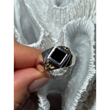 925 Sterling Silver Black Enamel & Black Diamonds Men's Ring Size 8.3