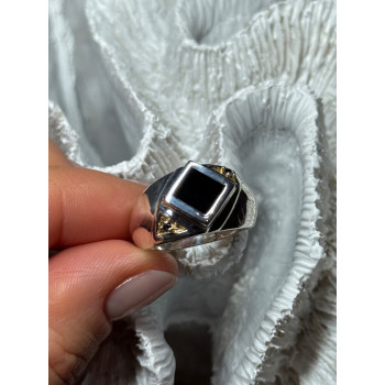 925 Sterling Silver Black Enamel & Black Diamonds Men's Ring Size 8.3