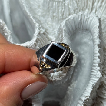 925 Sterling Silver Black Enamel & Black Diamonds Men'S Ring Size 8.3