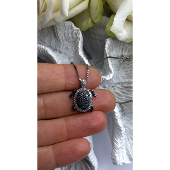 925 Sterling Silver Black & White Diamonds Sea Turtle Necklace