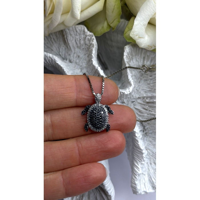 925 Sterling Silver Black & White Diamonds Sea Turtle Necklace