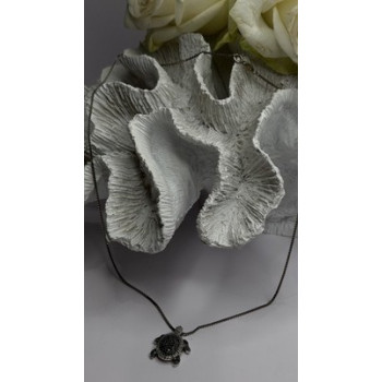 925 Sterling Silver Black & White Diamonds Sea Turtle Necklace