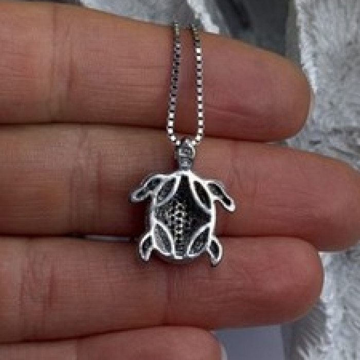925 Sterling Silver Black & White Diamonds Sea Turtle Necklace