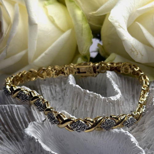 Elegant Tennis 925 Sterling Silver Gold Plated Bracelet Size 8