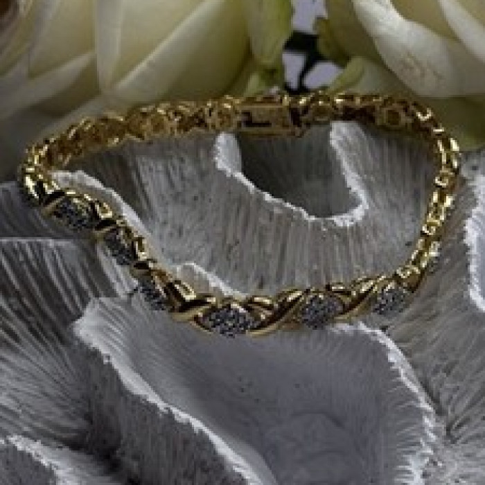 Elegant Tennis 925 Sterling Silver Gold Plated Bracelet Size 8