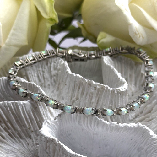 Tennis 925 Sterling Silver Fire Opal & Beryl Link Bracelet Size 7.5