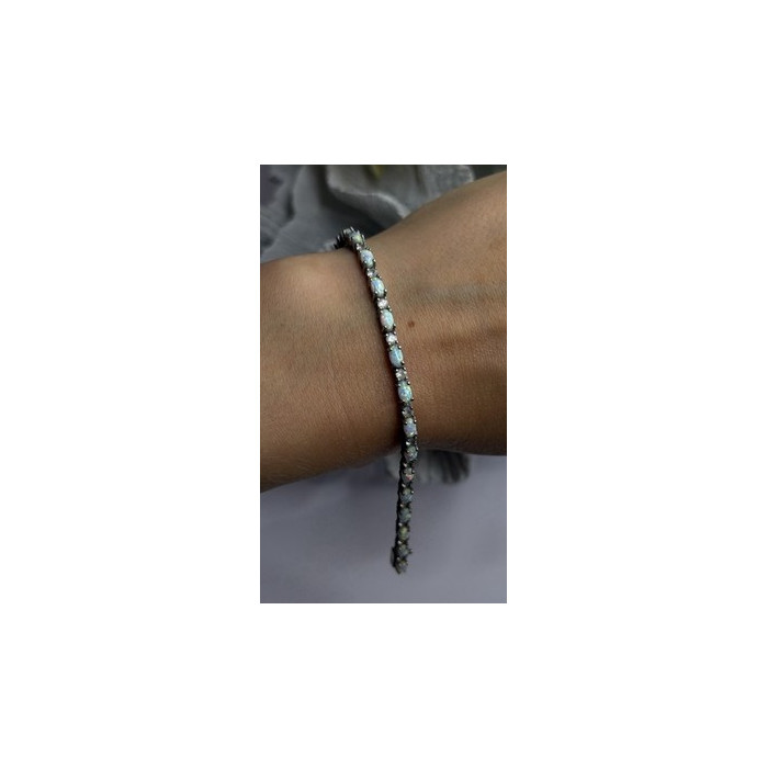 Tennis 925 Sterling Silver Fire Opal & Beryl Link Bracelet Size 7.5