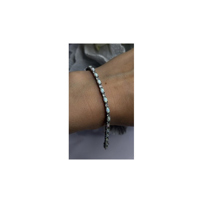 Tennis 925 Sterling Silver Fire Opal & Beryl Link Bracelet Size 7.5