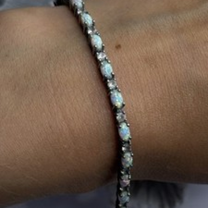Tennis 925 Sterling Silver Fire Opal & Beryl Link Bracelet Size 7.5