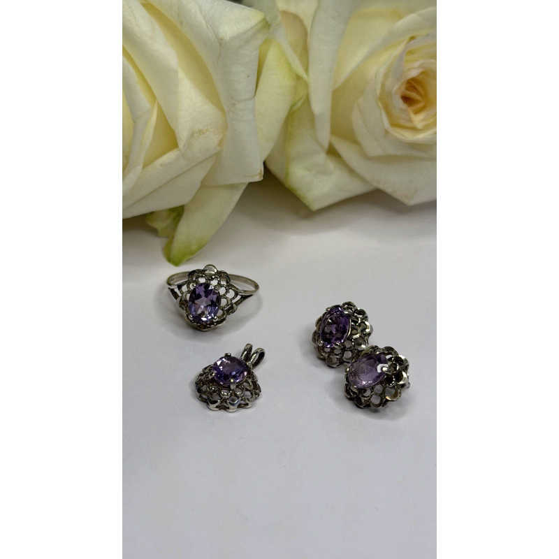 925 Sterling Silver Amethyst Set Floral Filigree Ring Pendant & Earrings