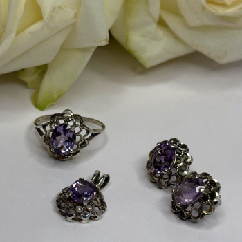 925 Sterling Silver Amethyst Set Floral Filigree Ring Pendant & Earrings