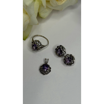 925 Sterling Silver Amethyst Set Floral Filigree Ring Pendant & Earrings