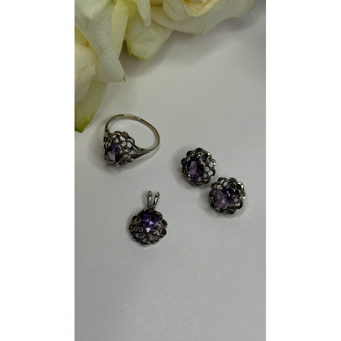 925 Sterling Silver Amethyst Set Floral Filigree Ring Pendant & Earrings