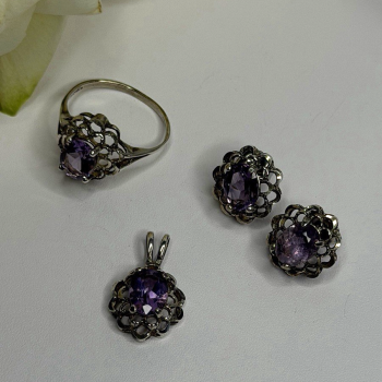 925 Sterling Silver Amethyst Set Floral Filigree Ring Pendant & Earrings