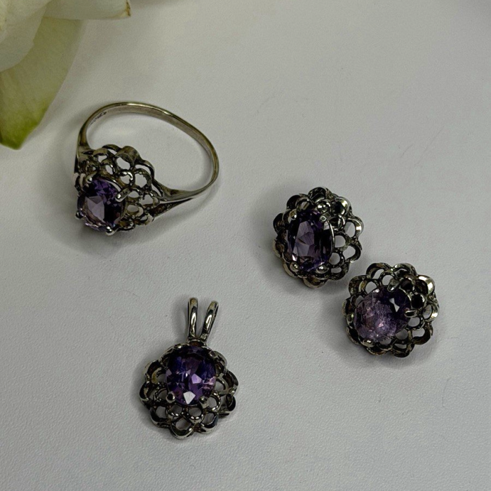 925 Sterling Silver Amethyst Set Floral Filigree Ring Pendant & Earrings