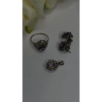 925 Sterling Silver Amethyst Set Floral Filigree Ring Pendant & Earrings