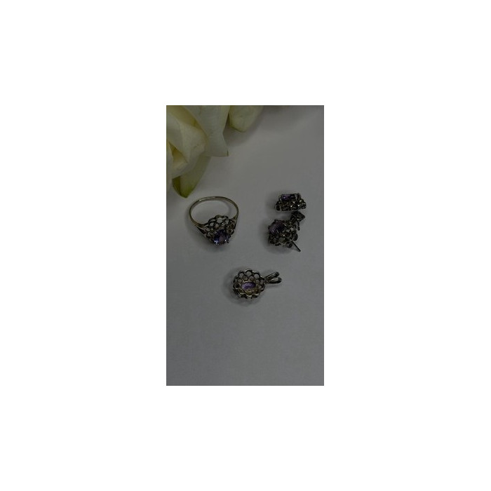 925 Sterling Silver Amethyst Set Floral Filigree Ring Pendant & Earrings
