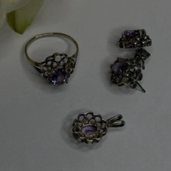925 Sterling Silver Amethyst Set Floral Filigree Ring Pendant & Earrings