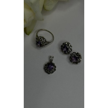 925 Sterling Silver Amethyst Set Floral Filigree Ring Pendant & Earrings