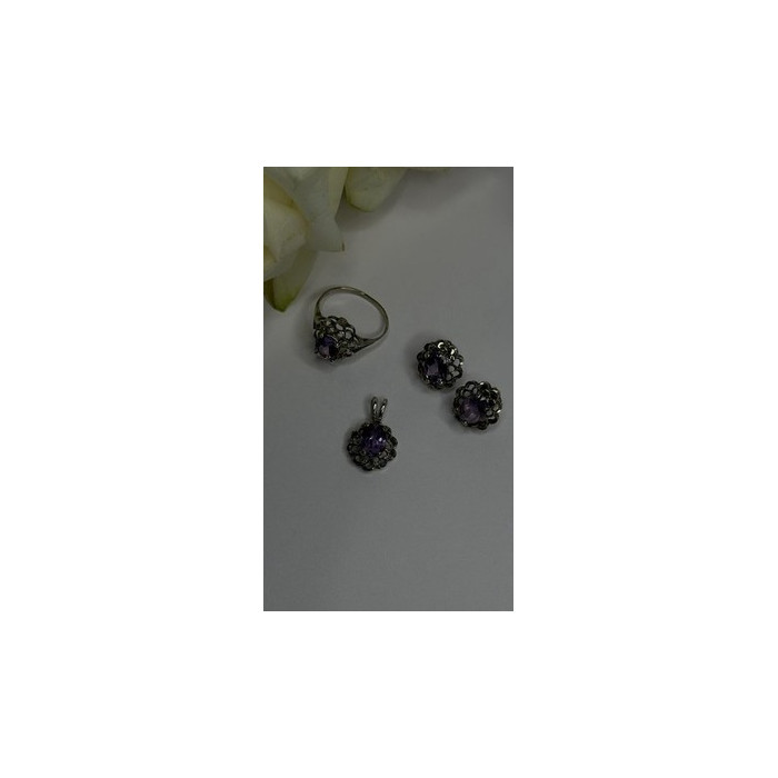 925 Sterling Silver Amethyst Set Floral Filigree Ring Pendant & Earrings
