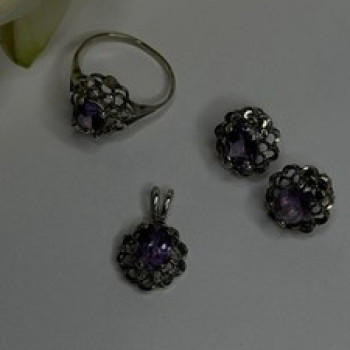 925 Sterling Silver Amethyst Set Floral Filigree Ring Pendant & Earrings