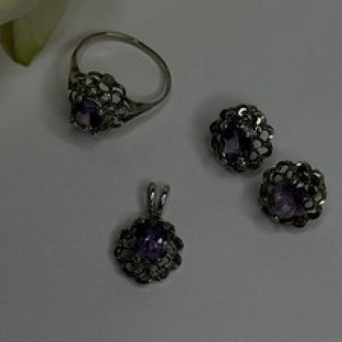 925 Sterling Silver Amethyst Set Floral Filigree Ring Pendant & Earrings
