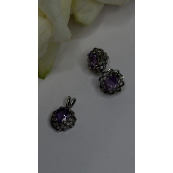 925 Sterling Silver Amethyst Set Floral Filigree Ring Pendant & Earrings