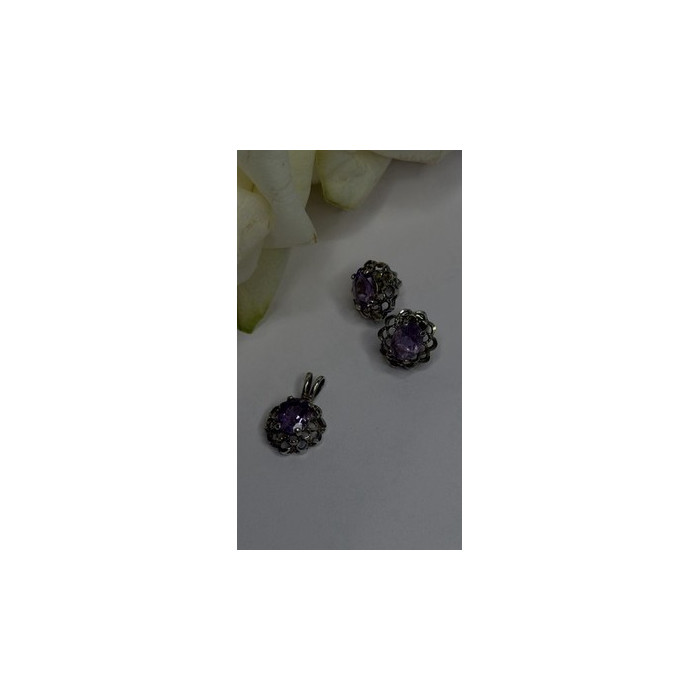 925 Sterling Silver Amethyst Set Floral Filigree Ring Pendant & Earrings