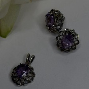 925 Sterling Silver Amethyst Set Floral Filigree Ring Pendant & Earrings