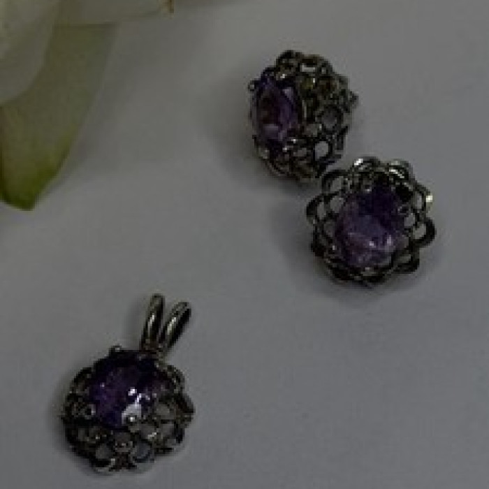 925 Sterling Silver Amethyst Set Floral Filigree Ring Pendant & Earrings