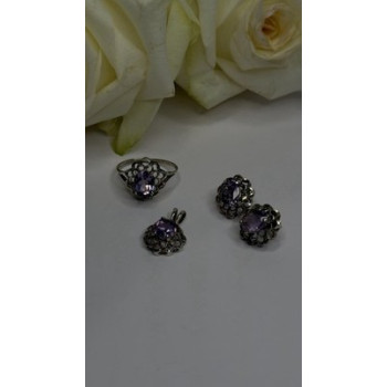925 Sterling Silver Amethyst Set Floral Filigree Ring Pendant & Earrings