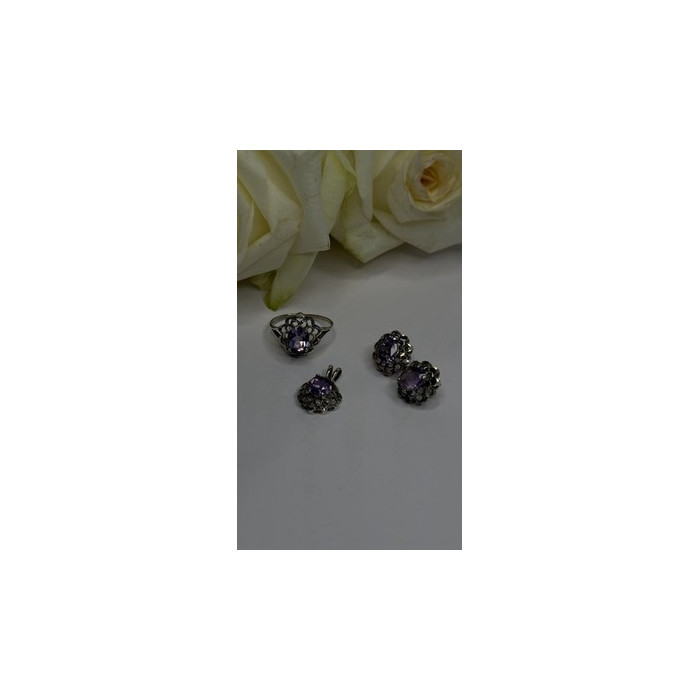 925 Sterling Silver Amethyst Set Floral Filigree Ring Pendant & Earrings