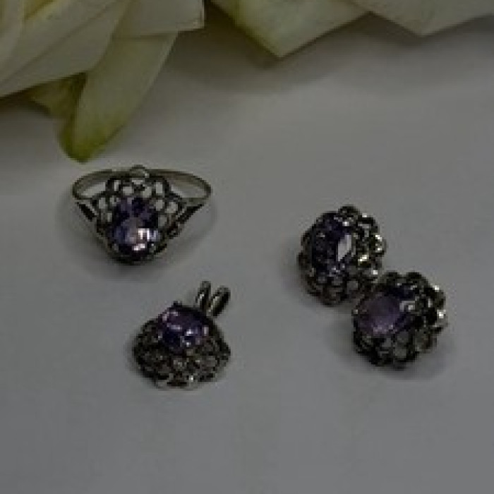 925 Sterling Silver Amethyst Set Floral Filigree Ring Pendant & Earrings