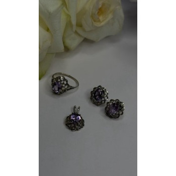 925 Sterling Silver Amethyst Set Floral Filigree Ring Pendant & Earrings