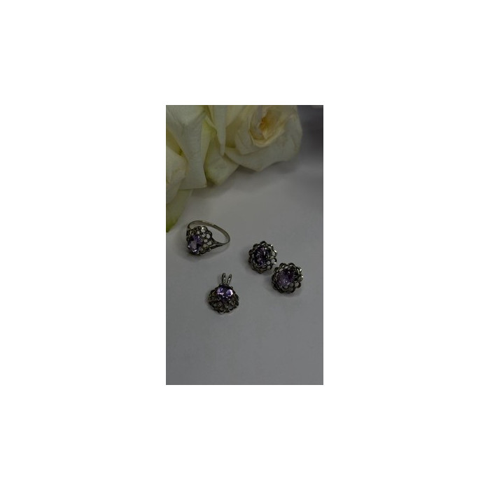 925 Sterling Silver Amethyst Set Floral Filigree Ring Pendant & Earrings