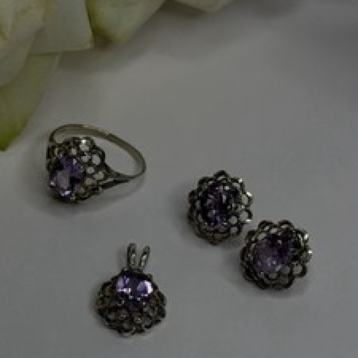 925 Sterling Silver Amethyst Set Floral Filigree Ring Pendant & Earrings
