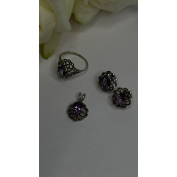 925 Sterling Silver Amethyst Set Floral Filigree Ring Pendant & Earrings