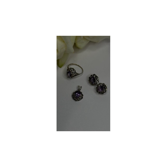 925 Sterling Silver Amethyst Set Floral Filigree Ring Pendant & Earrings