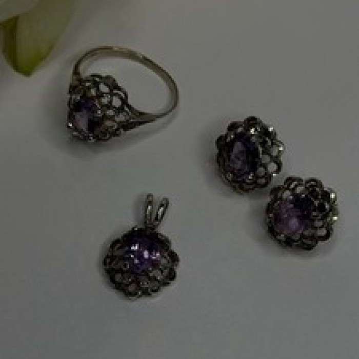 925 Sterling Silver Amethyst Set Floral Filigree Ring Pendant & Earrings