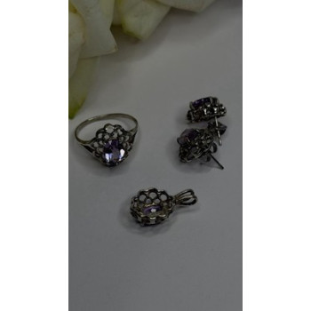 925 Sterling Silver Amethyst Set Floral Filigree Ring Pendant & Earrings