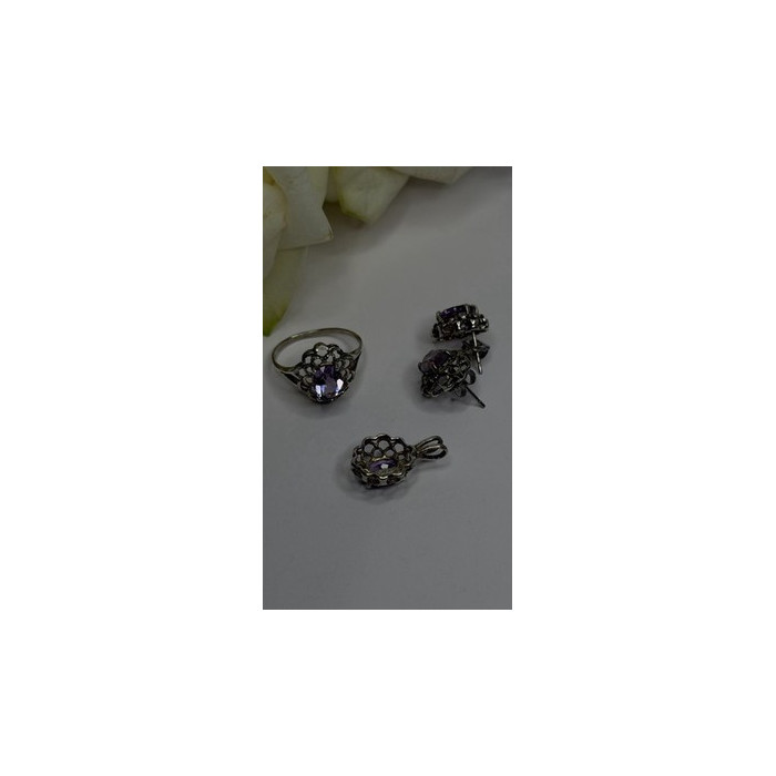 925 Sterling Silver Amethyst Set Floral Filigree Ring Pendant & Earrings