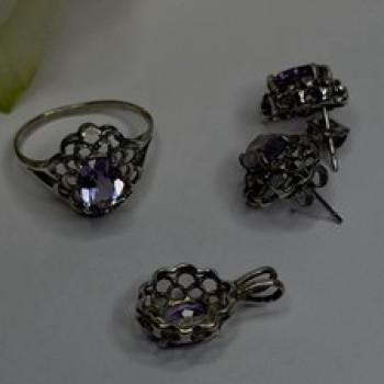 925 Sterling Silver Amethyst Set Floral Filigree Ring Pendant & Earrings