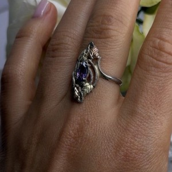 Vintage Grapevine Leaf Design 925 Sterling Silver Amethyst Ring Size 8