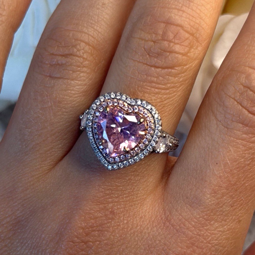 Romantic 925 Sterling Silver Pink Heart Topaz Ring Size 9
