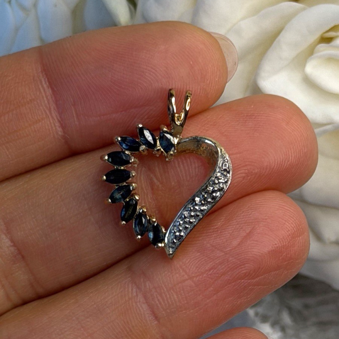 925 Sterling Silver Gold Plated Heart Blue Sapphire & Diamond Pendant