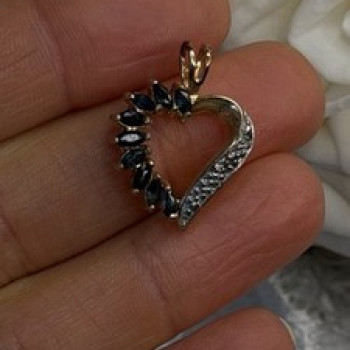 925 Sterling Silver Gold Plated Heart Blue Sapphire & Diamond Pendant