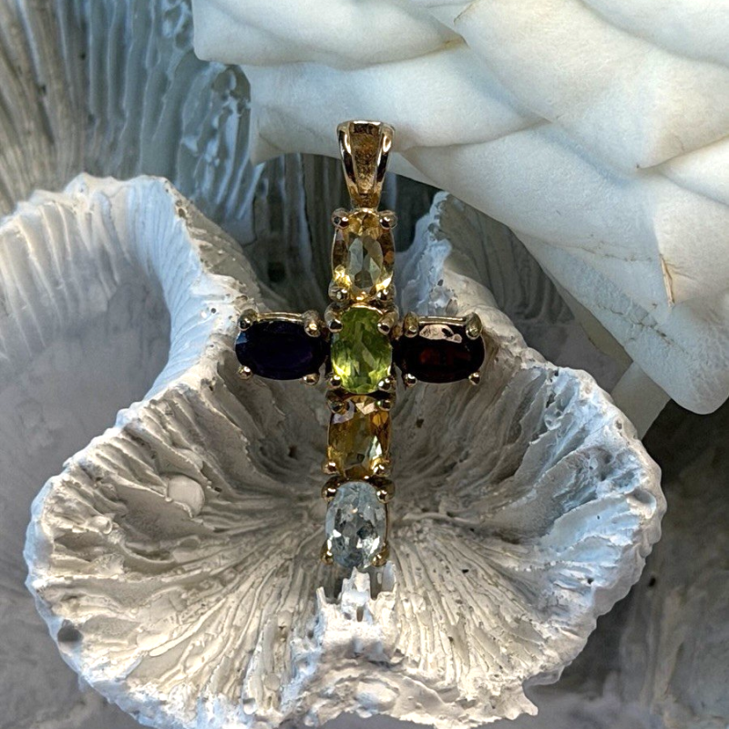 Multi Gemstone 925 Sterling Silver Gold Plated Cross Pendant