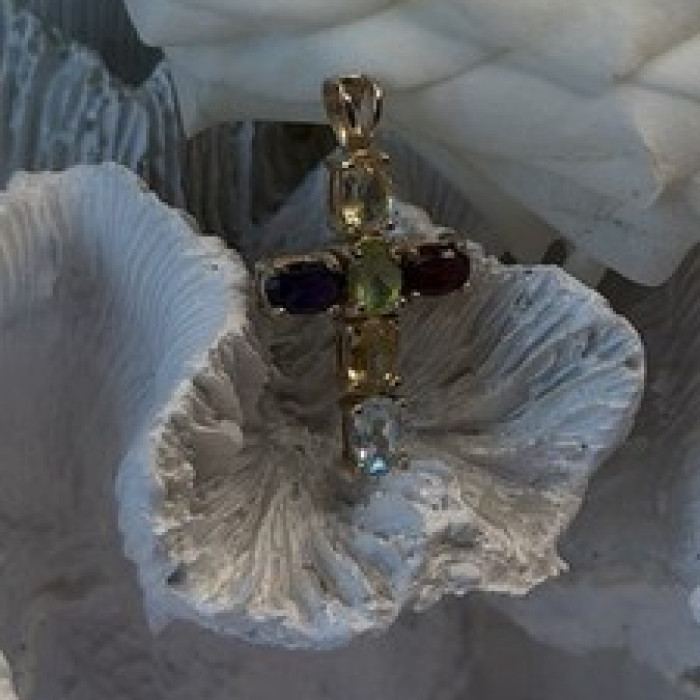 Multi Gemstone 925 Sterling Silver Gold Plated Cross Pendant
